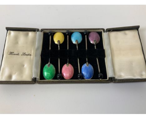 Cased Set of Harrods Silver and Enamel Coffee Bean Spoons - Hallmarked Birmingham 1959 in Original Harrods Fitted Case 