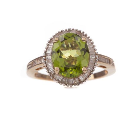 PERIDOT AND DIAMOND RING,the oval peridot within a tapered baguette cut diamond halo, on diamond shoulders, marked 9K, size P