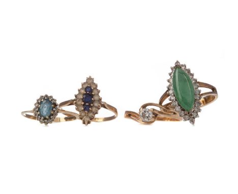 JADE AND DIAMOND RING,the marquise section jade within a round brilliant cut diamond halo, marked 18K, size H, 6.1g, along wi