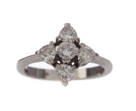 DIAMOND FIVE STONE RING,set with a central round brilliant cut diamond flanked by trillion cut diamonds, the diamonds totalli