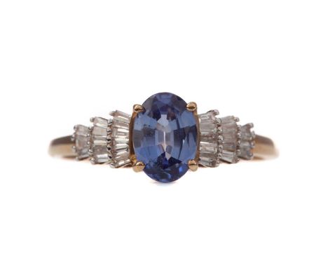 SAPPHIRE AND DIAMOND RING,the oval sapphire on tiered tapered baguette cut diamond shoulders, marked 9K, size L, 1.9g