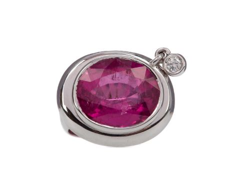 PINK TOURMALINE AND DIAMOND RING,set with an oval pink tourmaline of approximately 18.00 carats, with suspended bezel set rou