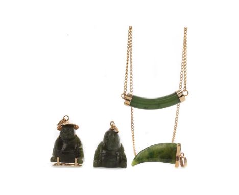 COLLECTION OF JADE PENDANTS,including two carved figures and one other, along with a yellow metal necklace (4)