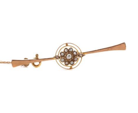 PEARL BAR BROOCH,the central flower cluster set with seed pearls, in nine carat gold, 3.1g, along with a mother of pearl dres