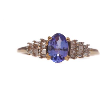 TANZANITE AND DIAMOND RING,the oval tanzanite on tiered tapered baguette cut diamond shoulders, marked 9K, size O, 1.7g