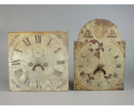 Two 18th century painted iron clock dials, one 12" arched dial example, the other 13” square dial for restoration