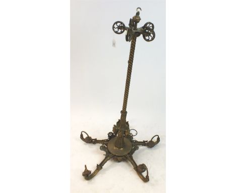 A Rococo style brass five branch gasolier ceiling light, late 19th Century, the rope twist standard mounted with five female 