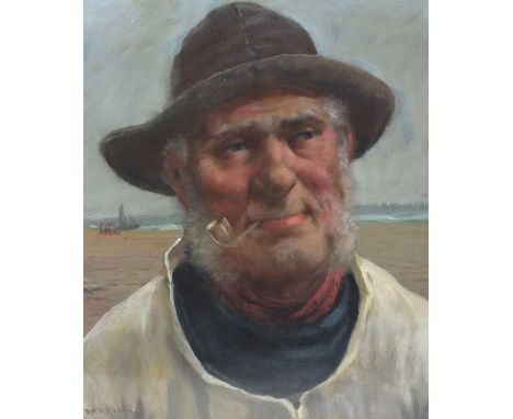 David W Haddon (1884-1914), Portrait of a fisherman with a pipe on a beach, signed lower left, oil on board, 31 x 26cm togeth