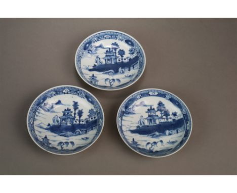 A group of Chinese blue and white porcelain 18th Century Including seven lobed dinner plates, 23cm dia., two lobed soup plate