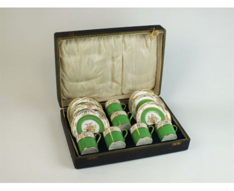 A Copeland Spode 'Regent' coffee and dessert service decorated in broad green banding with floral and gilt borders, the servi