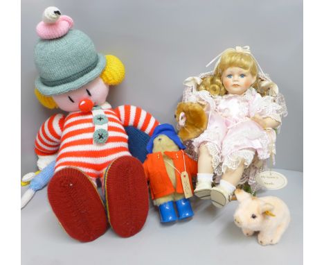 Three soft toys including a Steiff piglet and a Gabrielle Paddington Bear, and a doll 