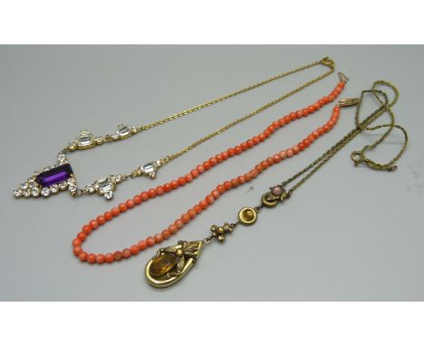 Vintage necklaces including 9ct gold mounted coral 