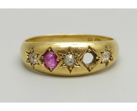 A Victorian 18ct gold ring set with a ruby and three diamonds, one ruby missing, Birmingham 1898, 3.5g, O 