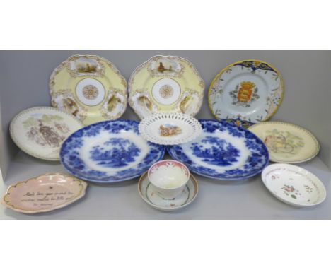 A pair of Copeland and Garrett plates, each with three painted scenes, both a/f, a pair of HB &amp; Cie cycling plates, a tea