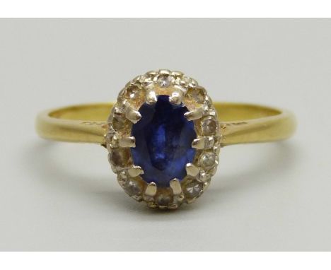 An 18ct gold, sapphire and diamond cluster ring, 3.3g, R 