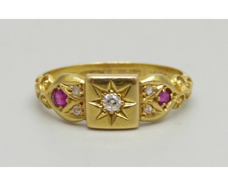 A c1900 18ct gold, ruby and diamond ring, 2.6g, N 