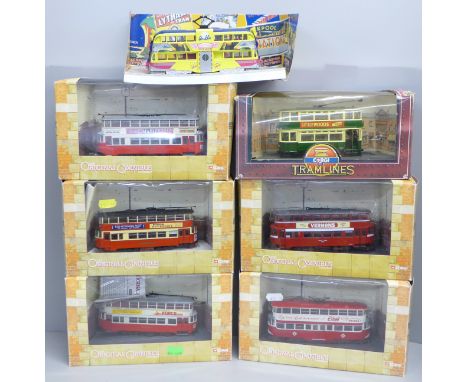 Six boxed models of trams by Corgi including a limited edition 