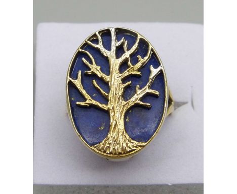 A silver gilt, lapis lazuli tree of life ring, J 