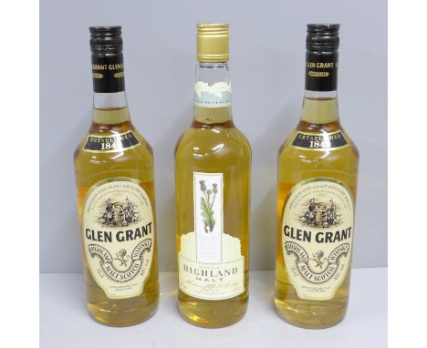 Two bottles of Glen Grant Highland Malt Scotch Whisky and a bottle of Highland Malt, (3) 