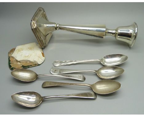 Five silver spoons, 90g, and a silver candlestick a/f 