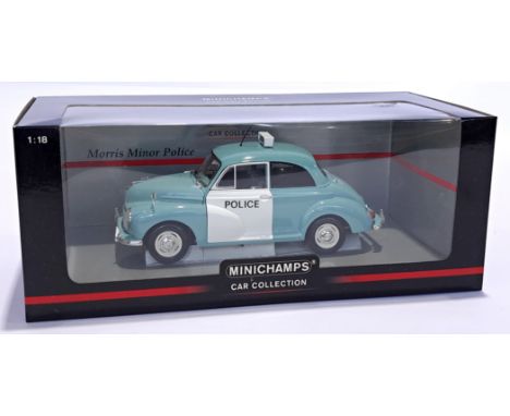 Minichamps (Paul's Model Art) 1:18 scale Morris Minor Police. Condition appears to be Near Mint to Mint in Excellent to Near 