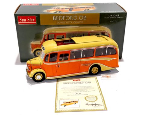 Sun Star, a boxed 1:24 Scale No.5001 1947 Bedford OB Duple Vista - FDK571 "Yellow Motor Services" Coach. Condition appears to