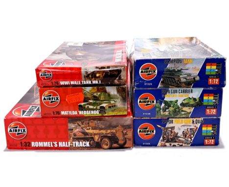 Airfix, a boxed military related mixed scale unmade plastic model kits. Although unchecked for completeness, conditions gener