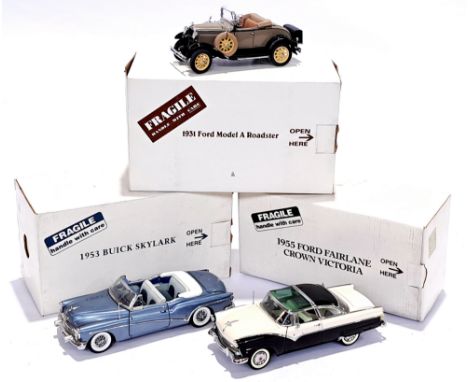 Danbury Mint, a boxed 1:24 scale trio, to include 1931 Ford Model A Roadster, 1955 Ford Fairlane Crown Victoria &amp; 1953 Bu