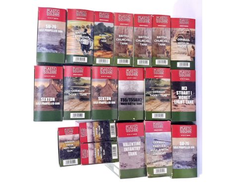 Plastic Soldiers, a mixed boxed group of 1/72 and similar scale Tanks and Trucks. Not checked for completeness or correctness