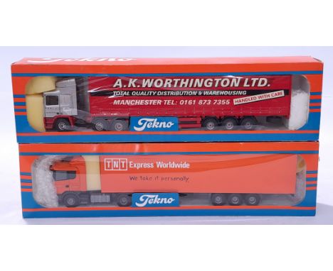 Tekno a pair of 1/50 scale trucks. Conditions generally appear Near Mint in generally Good boxes. See photo.&nbsp;