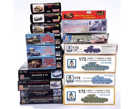 Hasegawa, Italeri and similar, a mixed boxed group of 1/72 and similar scale Tanks and Trucks. Not checked for completeness o