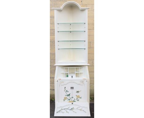 A Chinese-style white-finish wood tall corner cabinet having two open shelves above a fall-front, &amp; with a cupboard below