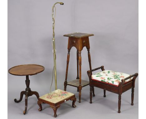 A 1930’s oak square two-tier plant stand, 36” high; together with a piano stool &amp; footstool; a mahogany tripod table; &am