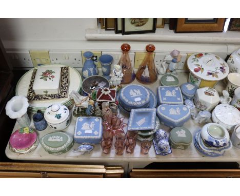 Three pottery pastille burners; a blue &amp; white “Willow” part tea service; various items of Wedgwood jasperware, &amp; sun