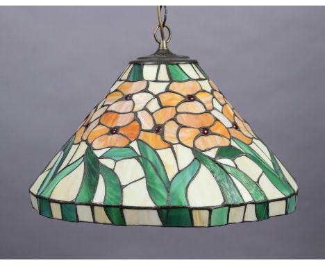 A multi-coloured mottled-glass &amp; leaded ceiling light fitting, 18” diameter x 11” high.