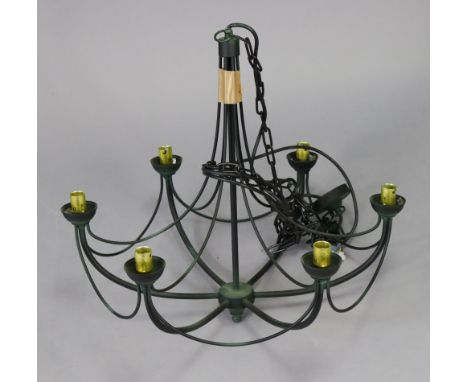 A dark green-finish wrought-metal six-branch ceiling light fitting, 22” wide x 20½” high.