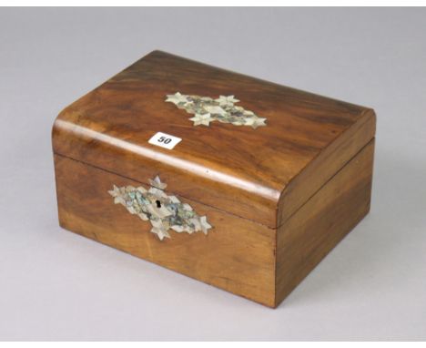 A 19th century mother-of-pearl inlaid rosewood sewing box (lacking interior) 11¾” wide.