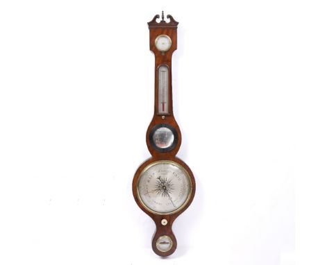 A 19TH CENTURY BANJO WHEEL BAROMETER with swan neck cornice above hygrometer, alcohol thermometer mirrored panel and dial eng