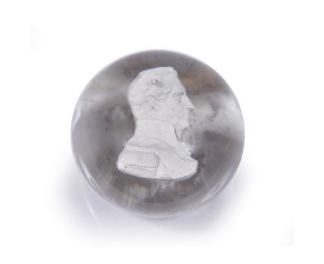 A 19TH CENTURY SILHOUETTE PAPERWEIGHT, with sulphide relief portrait of the Duke of Wellington, 6.5cm