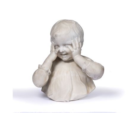 R. CALONI (20TH CENTURY) Hide and Seek, signed, marble sculpture, 40cm high