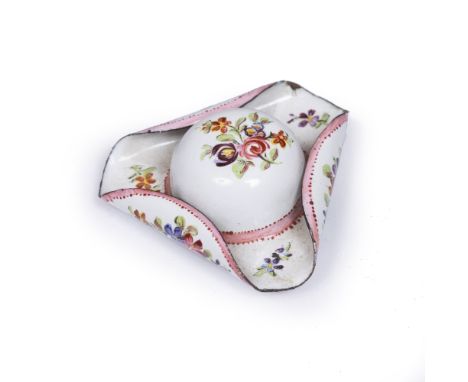 AN 18TH CENTURY BILSTON ENAMEL STYLE PATCH OR SNUFF BOX in the form of a tricorn hat with floral decoration and painted coat 
