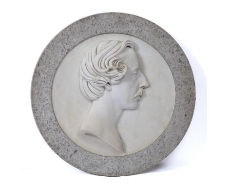 SHAKESPEARE WOOD (1827-1886) Portrait roundel marble sculpture of a gentleman with wavy hair and moustache, inscribed verso '