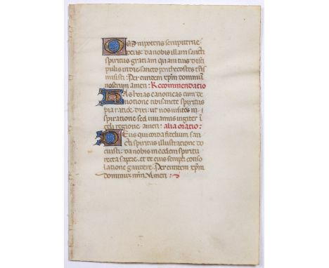 TWO PAGES FROM AN EARLY ILLUMINATED MANUSCRIPT PRAYER BOOK, three sides of 17 lines of Gothic text in Latin with blue and gil