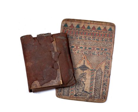 AN ANTIQUE ISLAMIC MANUSCRIPT, possibly a 19th Century Quran, disbound with tears, within a leather wallet, much perished (ap