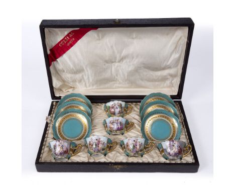 A LATE 19TH CENTURY CONTINENTAL PORCELAIN TEASET comprising six cups and six saucers, the cups decorated with classical figur