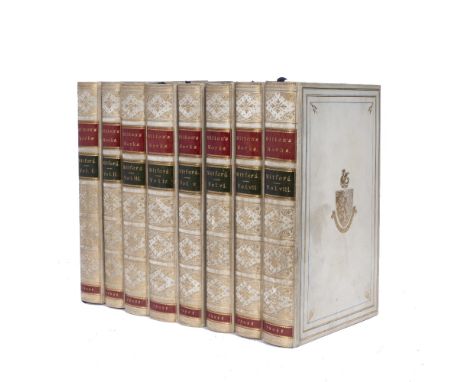 MILTON, John,  The Works Thereof...in eight volumes. William Pickering, London 1851 with red and black printed title page wit