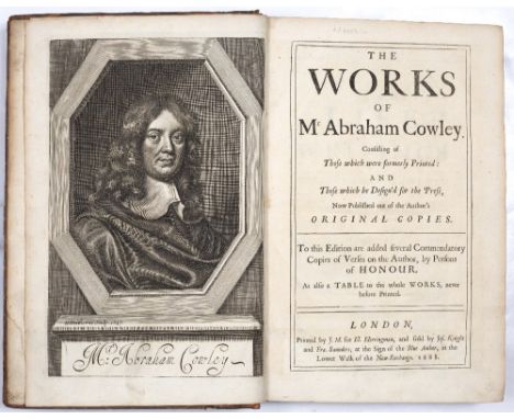 COWLEY, Abraham (1618-1667), English poet The Works thereof printed by J.M. for H Herringman, New Exchange, London 1688 with 