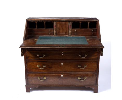 A GEORGE III MAHOGANY BUREAU, the fall front enclosing fitted interior, above four long graduated drawers, on bracket feet, 1