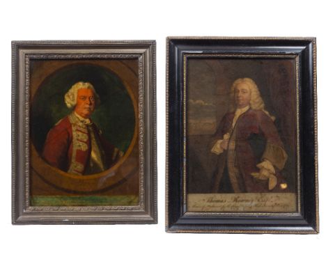 A GEORGE III HAND COLOURED REVERSE PRINT ON GLASS: 'William Kingsley Esq', 33.5 x 25cm; and another similar portrait: 'Thomas