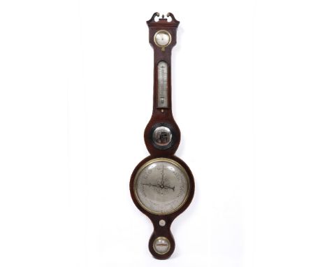 A 19TH CENTURY MAHOGANY BANJO WHEEL BAROMETER, with swan neck pediment above hygrometer mercury filled thermometer, mirror pa